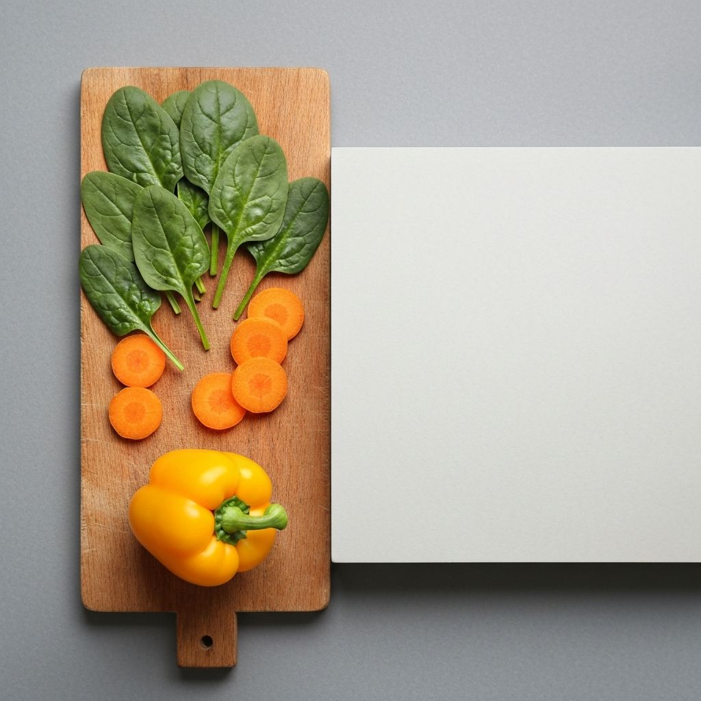 Fresh urban food items including spinach, carrots, and bell peppers arranged on a cutting board